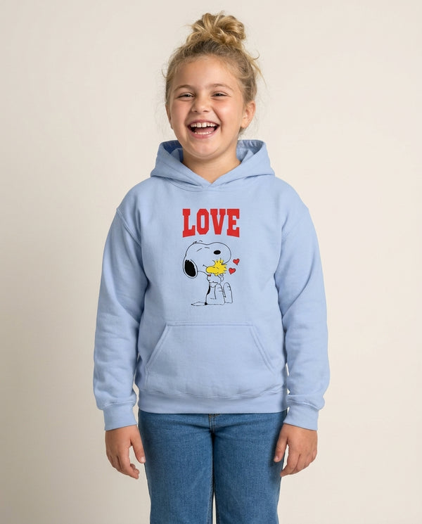 Love Cartoon Beagle  Kids Hoodie — Blue Front, worn