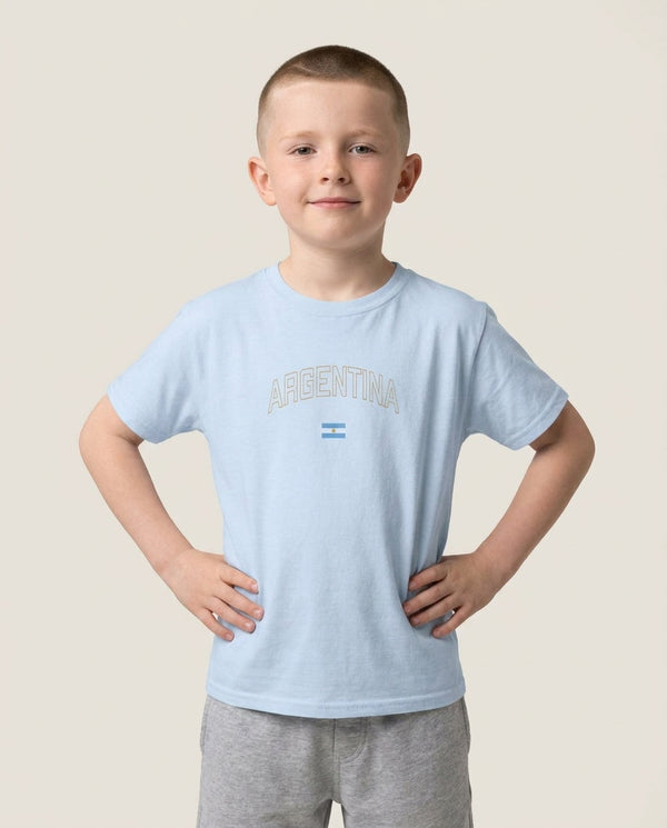 Argentina Team Kit Kids T-Shirt — Blue Front, worn