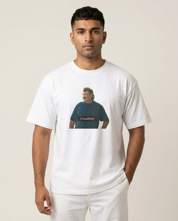 Inaudible Gerald T-Shirt — White Front, worn