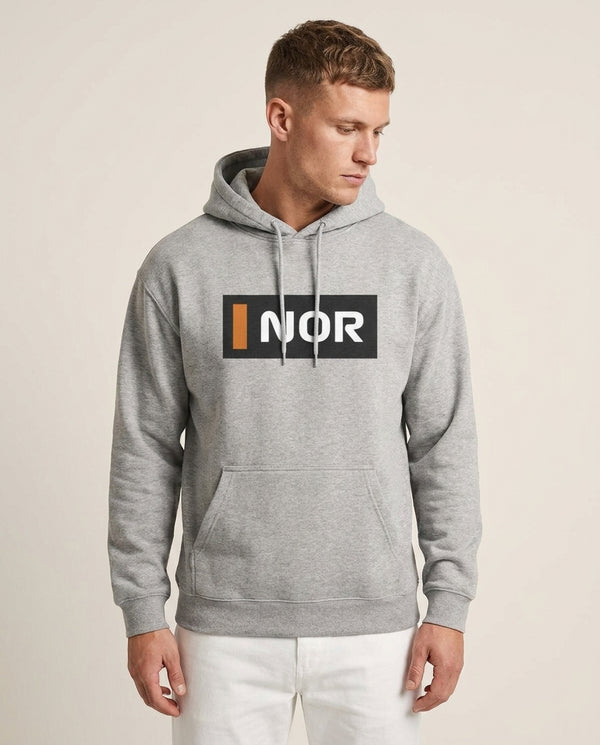 NOR Hoodie Grey Front, worn