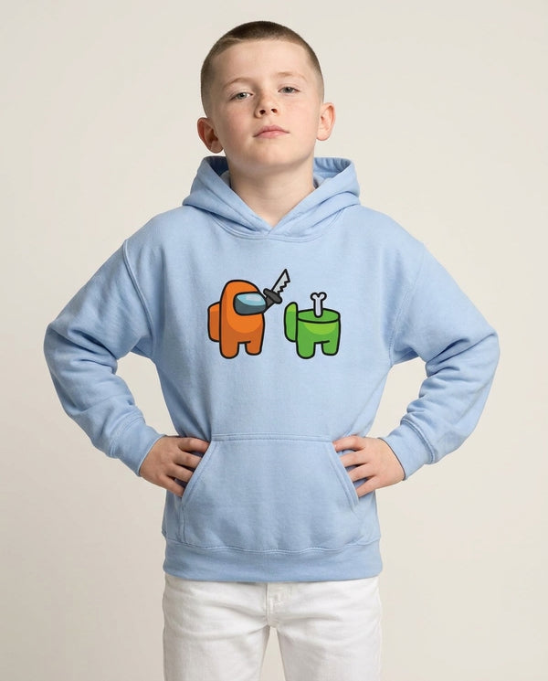 Among Gaming Killed Kids Hoodie — Blue Front, worn