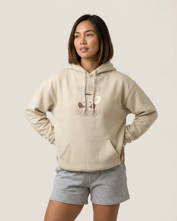 Coffee Please Mug Hoodie — Sand Front, worn