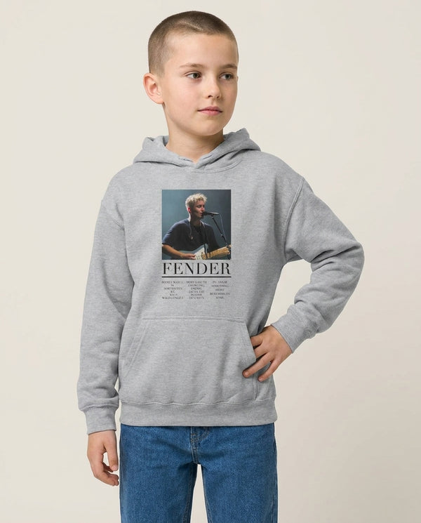Fender Orange Song List Kids Hoodie — Grey Front, worn