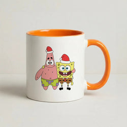Cartoon Sponge And Starfish Christmas Hats Coffee Orange Mug