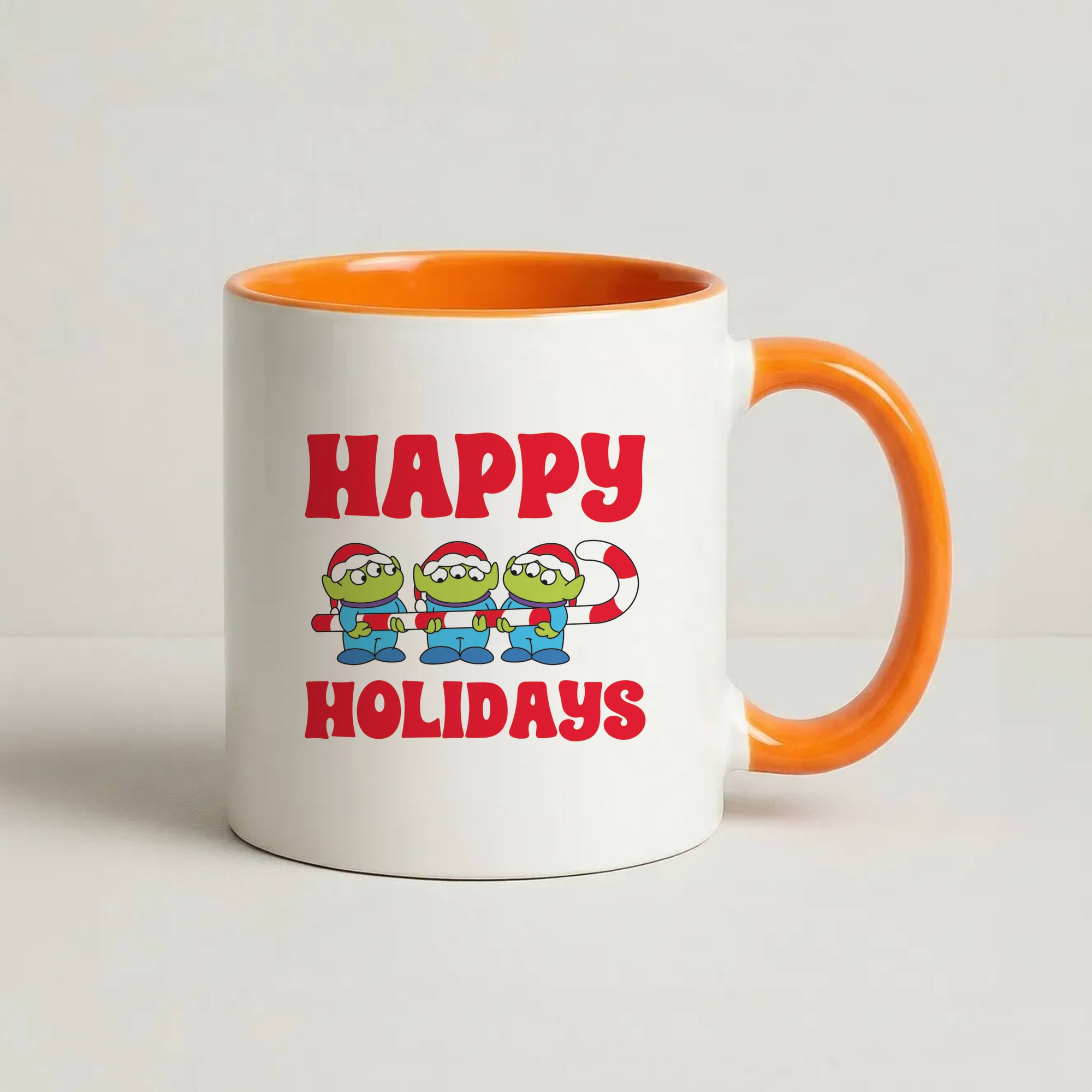 Happy Holidays Cute Green Aliens Coffee Orange Mug