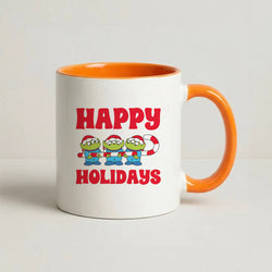 Happy Holidays Cute Green Aliens Coffee Orange Mug
