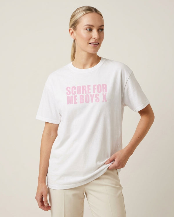 Score For Me Boys T-Shirt — White Front, worn
