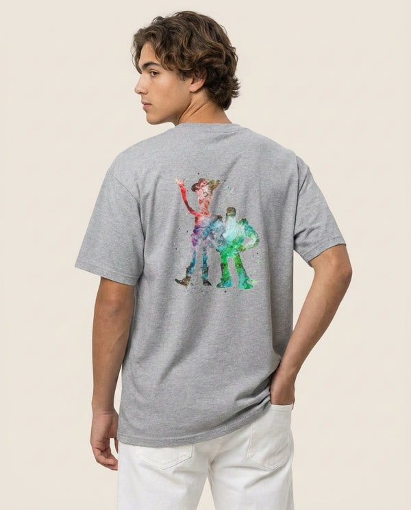 Watercolour Woody & Buzz A Story of Toys Fairytale T-Shirt — Grey Back, worn