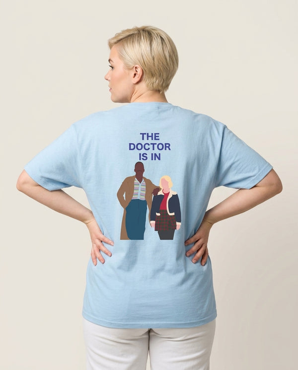 The Doctor Is In - Doctor Who T-Shirt — Blue Back, worn