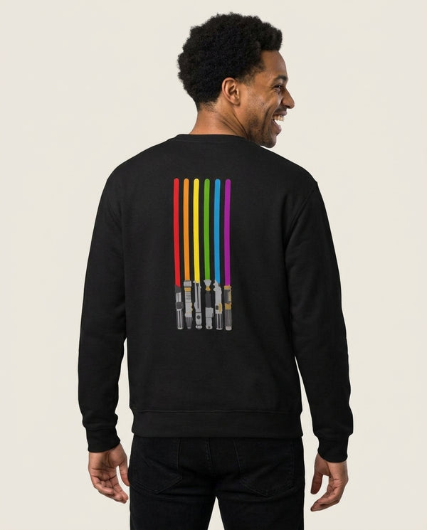 Lightsabers Sweatshirt — Black Back, worn