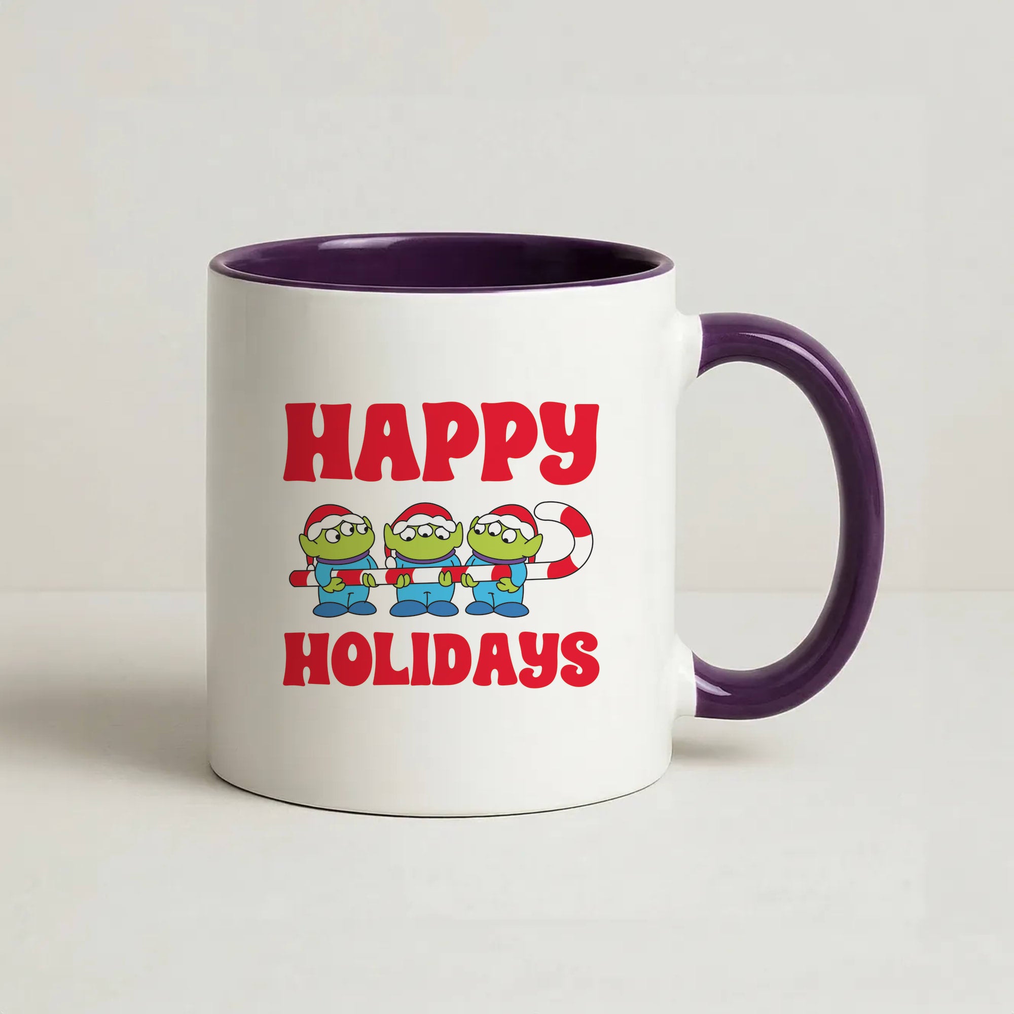 Happy Holidays Cute Green Aliens Coffee Purple Mug