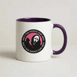What's Your Favourite Scary Movie Badge Coffee Purple Mug