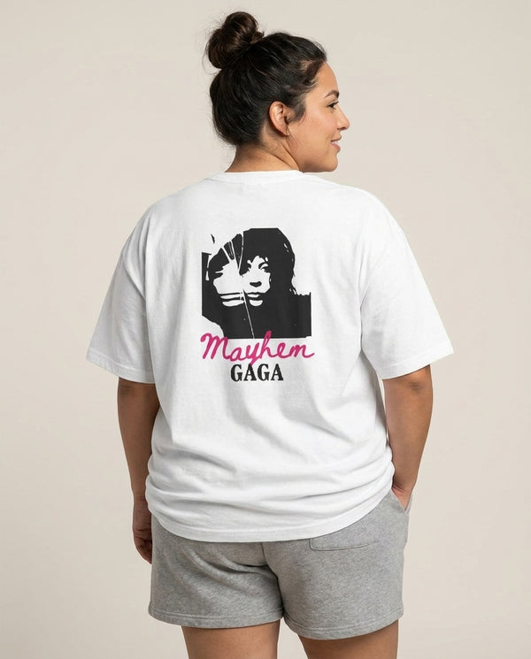 Pink Mayhem Gaga T-Shirt — White Back, worn