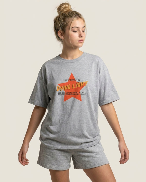 I Must Repel The Dying Light - Fender T-Shirt — Grey Front, worn