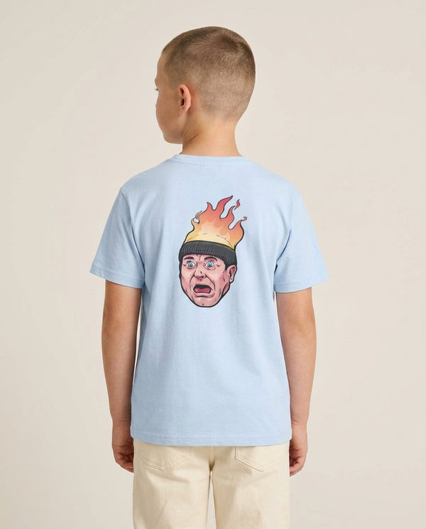 Flaming Beanie Kids T-Shirt Blue Back, worn