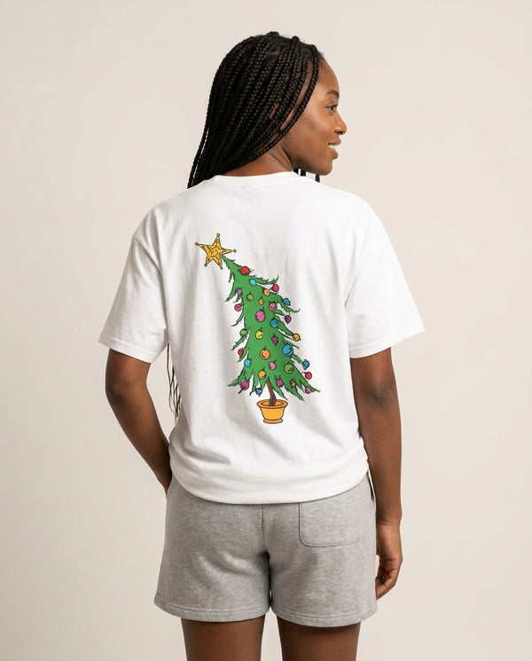 Whoville Tree T-Shirt White Back, worn