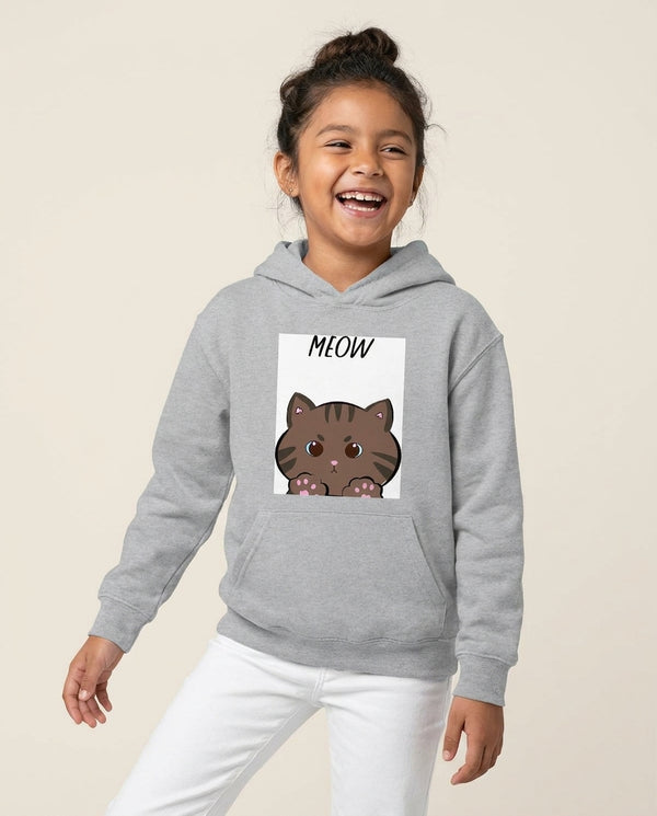 Meow Purple - Cats Kids Hoodie — Grey Front, worn
