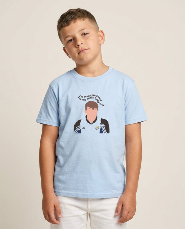 I'm Really Hungover - Fender Kids T-Shirt — Blue Front, worn