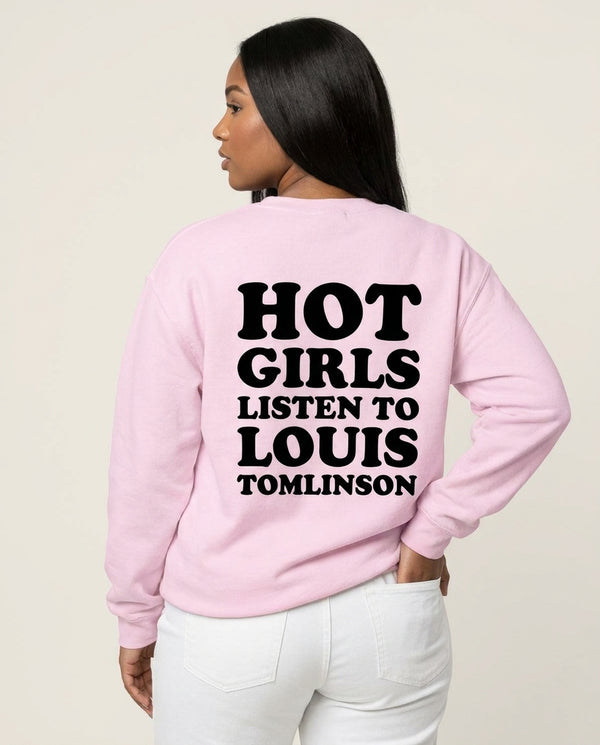 Hot Girls Listen To Louis Sweatshirt — Pink Back, worn