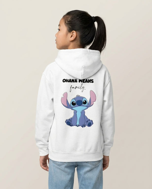 Ohana Means Family Pink Kids Hoodie — White Back, worn
