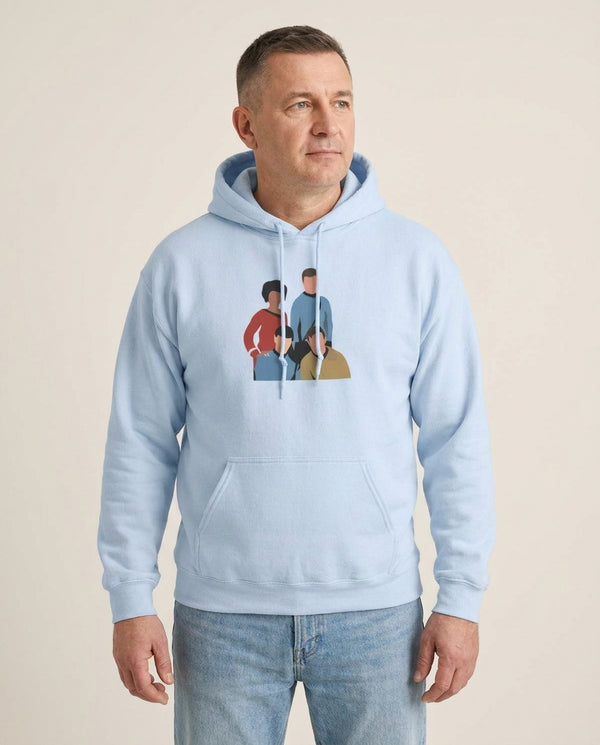 Characters Hoodie — Blue Front, worn