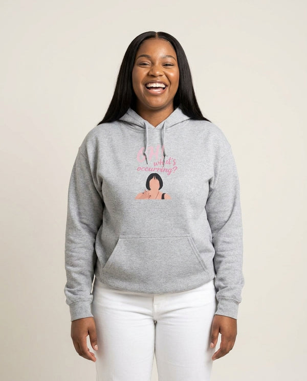 What's Occuring? Hoodie — Grey Front, worn