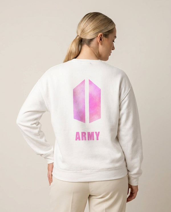 BTS Army Pink - K Pop Sweatshirt — White Back, worn