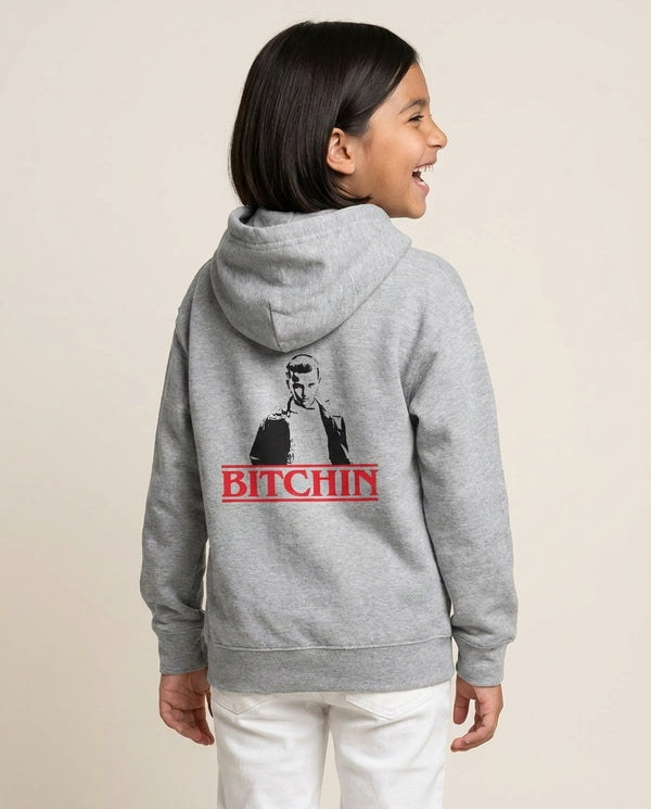 Eleven Bitchin' Kids Hoodie — Grey Back, worn