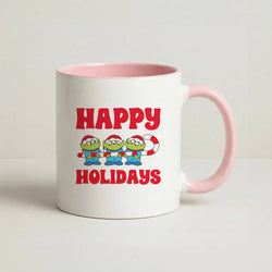 Happy Holidays Cute Green Aliens Coffee Pink Mug
