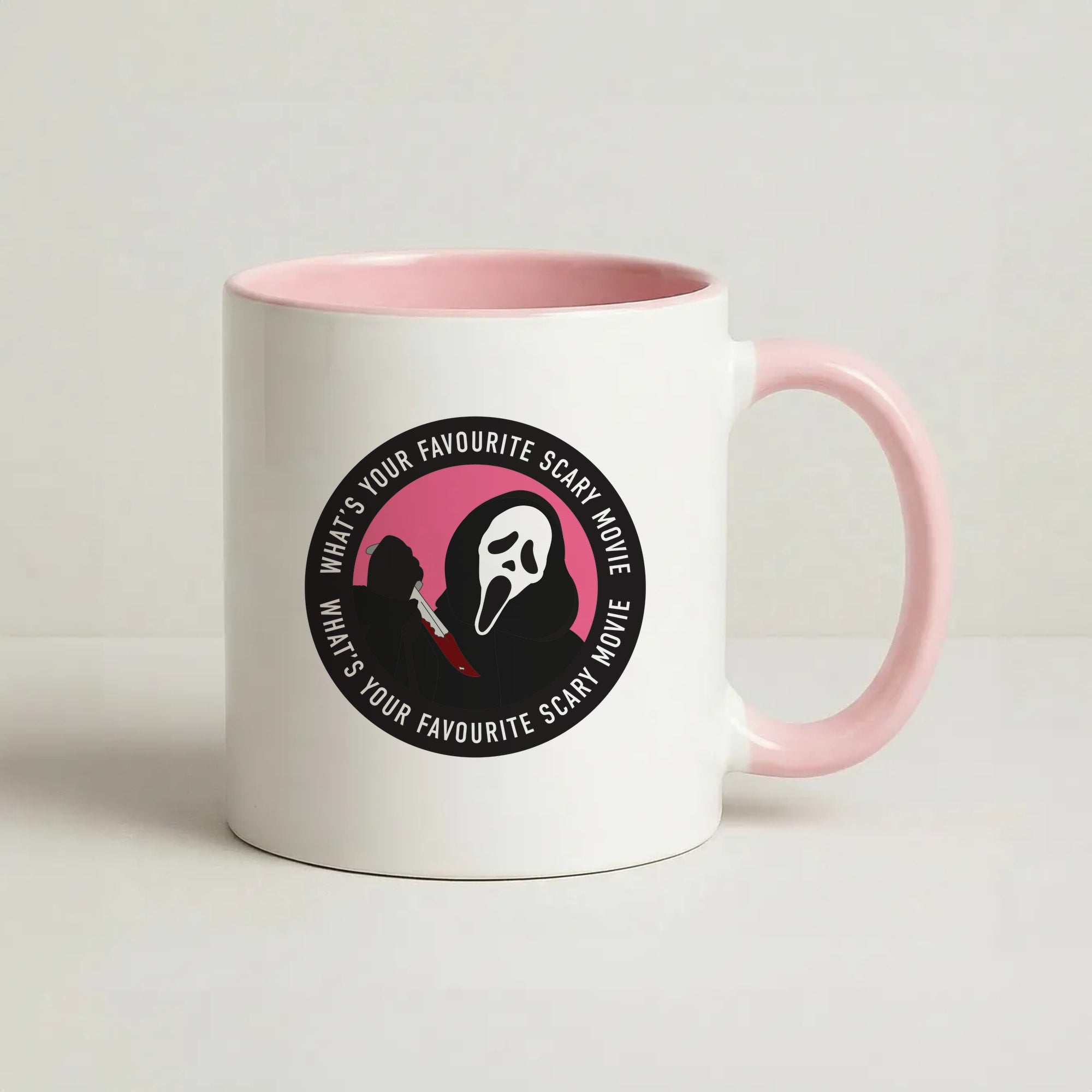 What's Your Favourite Scary Movie Badge Coffee Pink Mug