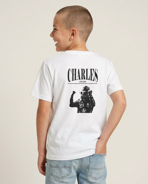Charles Red And Gold Kids T-Shirt — White Back, worn