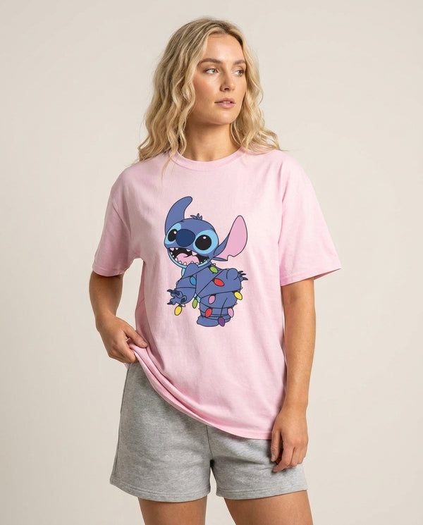 Cute Blue Alien Fairylights T-Shirt — Pink Front, worn