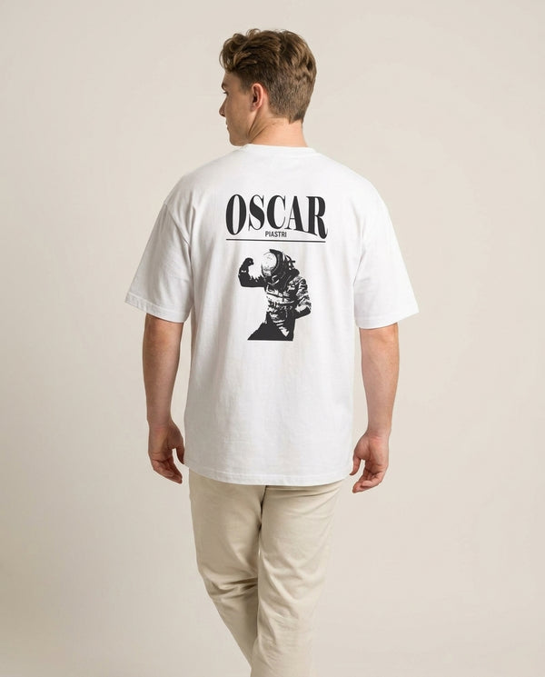 Oscar Orange And Black T-Shirt — White Back, worn