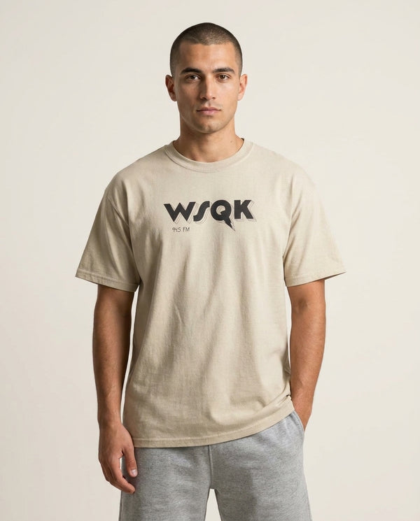 WSQK Radio T-Shirt — Sand Front, worn