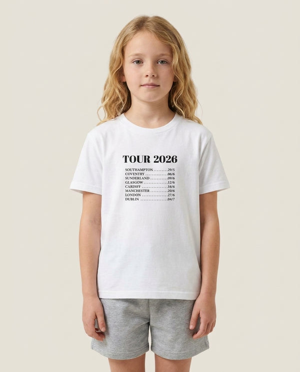 Band Tour 2026 Kids T-Shirt — White Front, worn