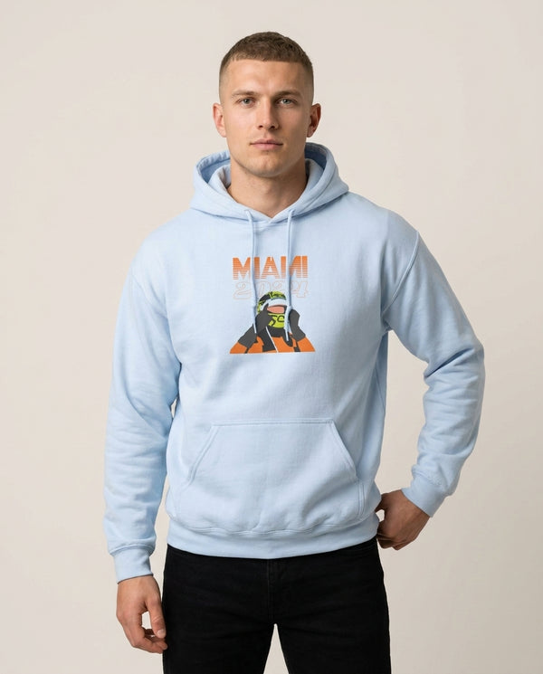 Miami 2024 Hoodie — Blue Front, worn