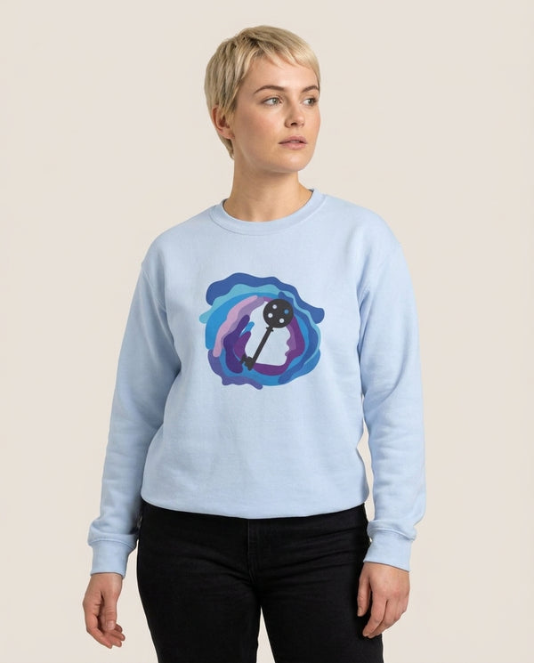 Coraline Key Sweatshirt — Blue Front, worn