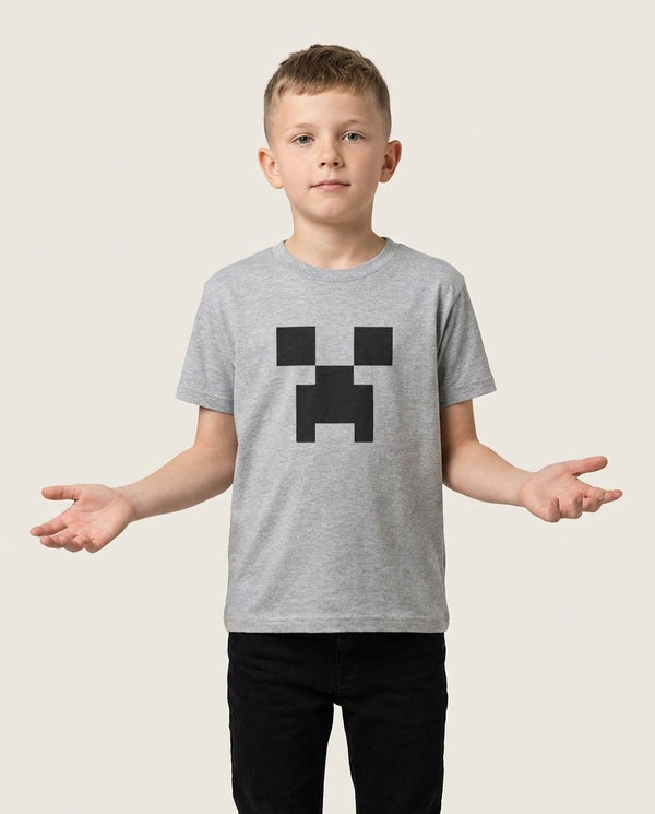 Creeper Face - Mining Kids T-Shirt — Grey Front, worn