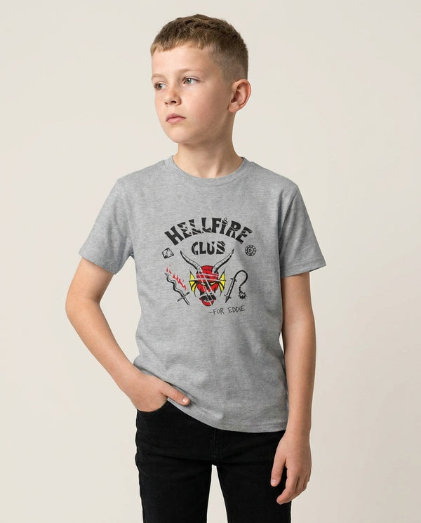Torn Hellfire Club Kids T-Shirt — Grey Front, worn