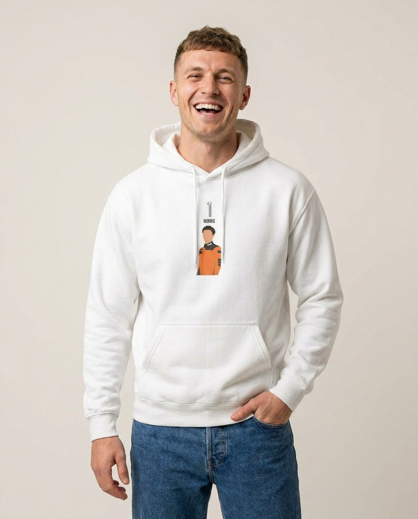 Norris 2026 Hoodie — White Front, worn