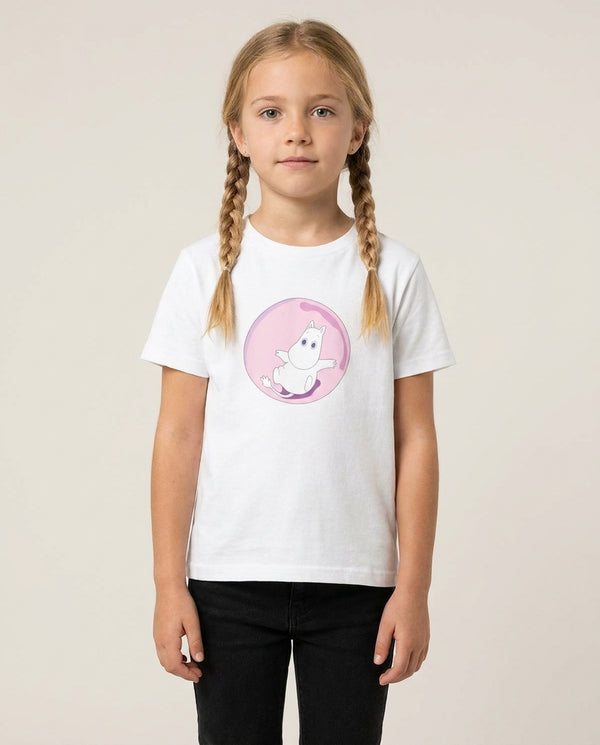 Moomin In A Pink Bubble  Kids T-Shirt — White Front, worn