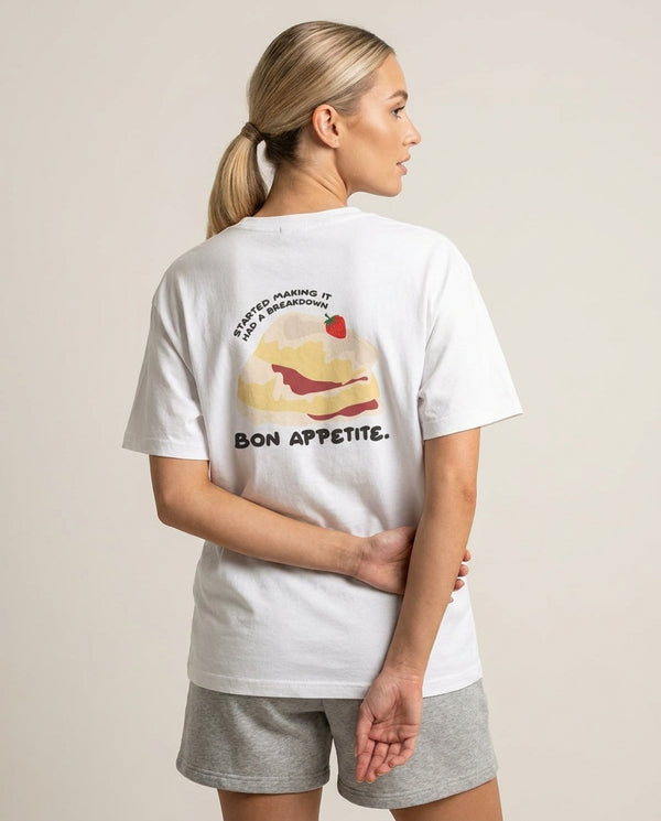 Bon Appetite - British Pop Culture T-Shirt — White Back, worn