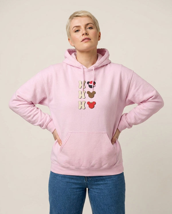 Ho Ho Ho Mickey Hoodie — Pink Front, worn