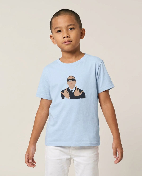Middle Finger Kids T-Shirt — Blue Front, worn