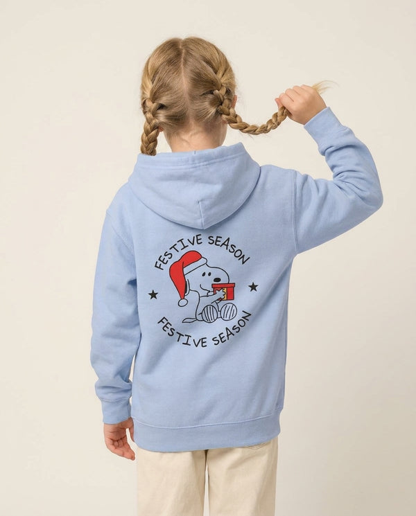 Cartoon Beagle Festive Season Kids Hoodie — Blue Back, worn