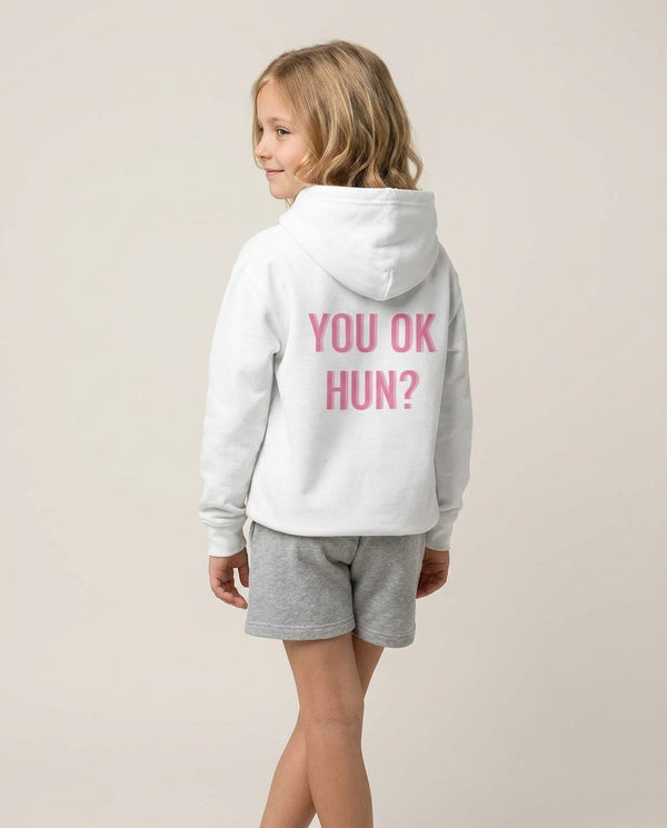 You OK Hun? Kids Hoodie — White Back, worn