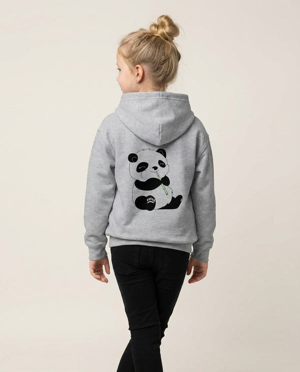 Vegan Panda Kids Hoodie — Grey Back, worn