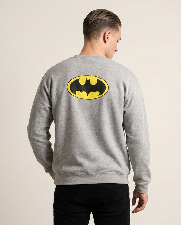 Black Bat Superhero Logo Sweatshirt — Grey Back, worn