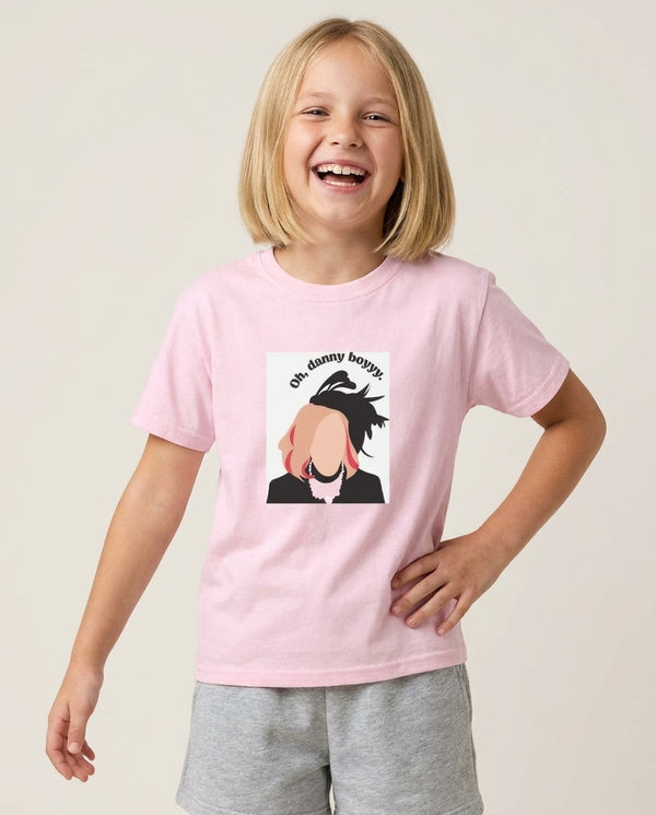 Oh, Danny Boyyyy Kids T-Shirt — Pink Front, worn