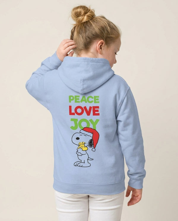 Peace, Love, Joy Christmas Cartoon Beagle Kids Hoodie — Blue Back, worn